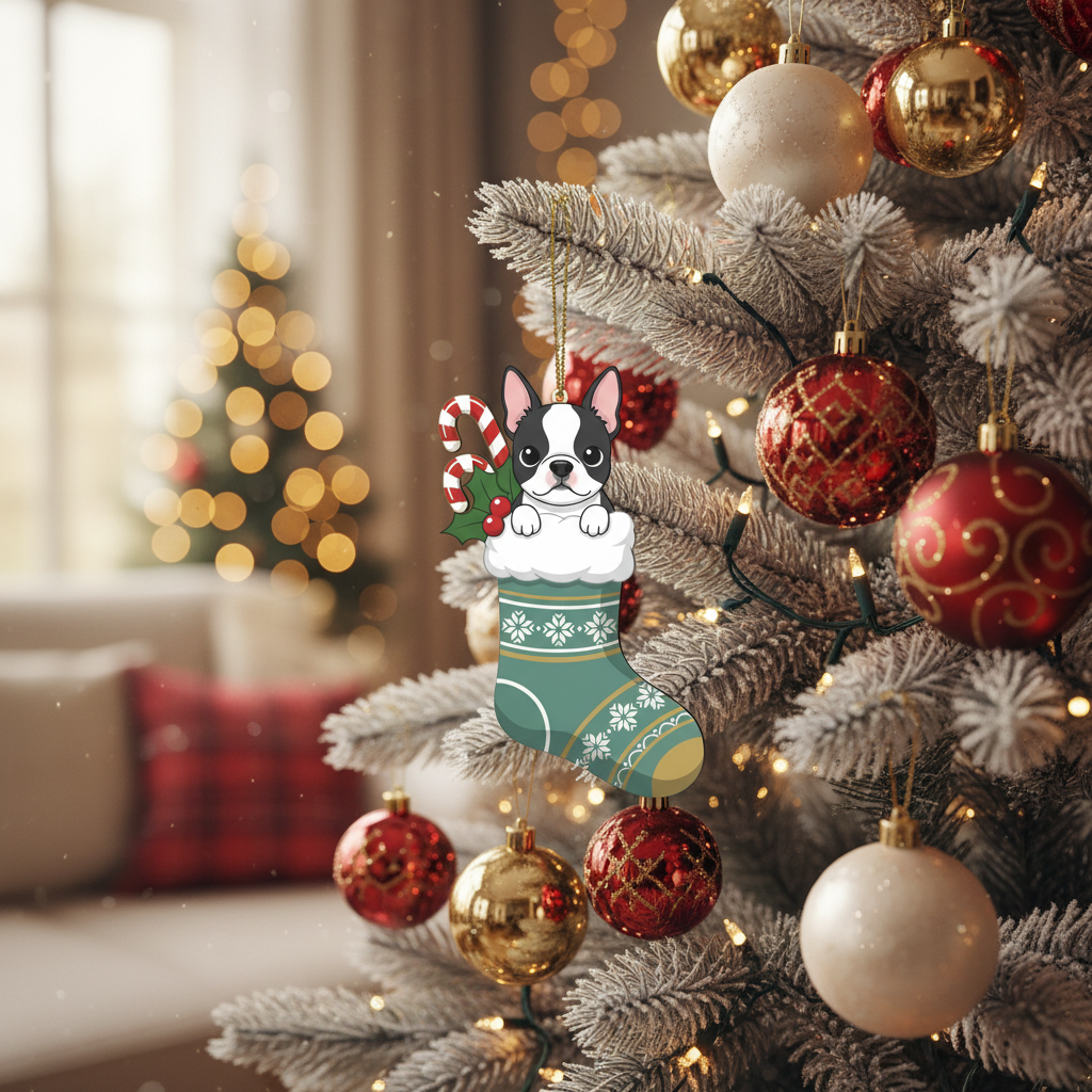 [2D FLAT ACRYLIC] Adorable Boston Terrier Christmas Ornament | Festive Holiday Decor & Dog Lover Gift