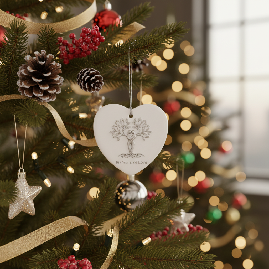 [2D FLAT ACRYLIC] 50th Wedding Anniversary Gift – Heart-Shaped Ceramic Keepsake Ornament for Couples