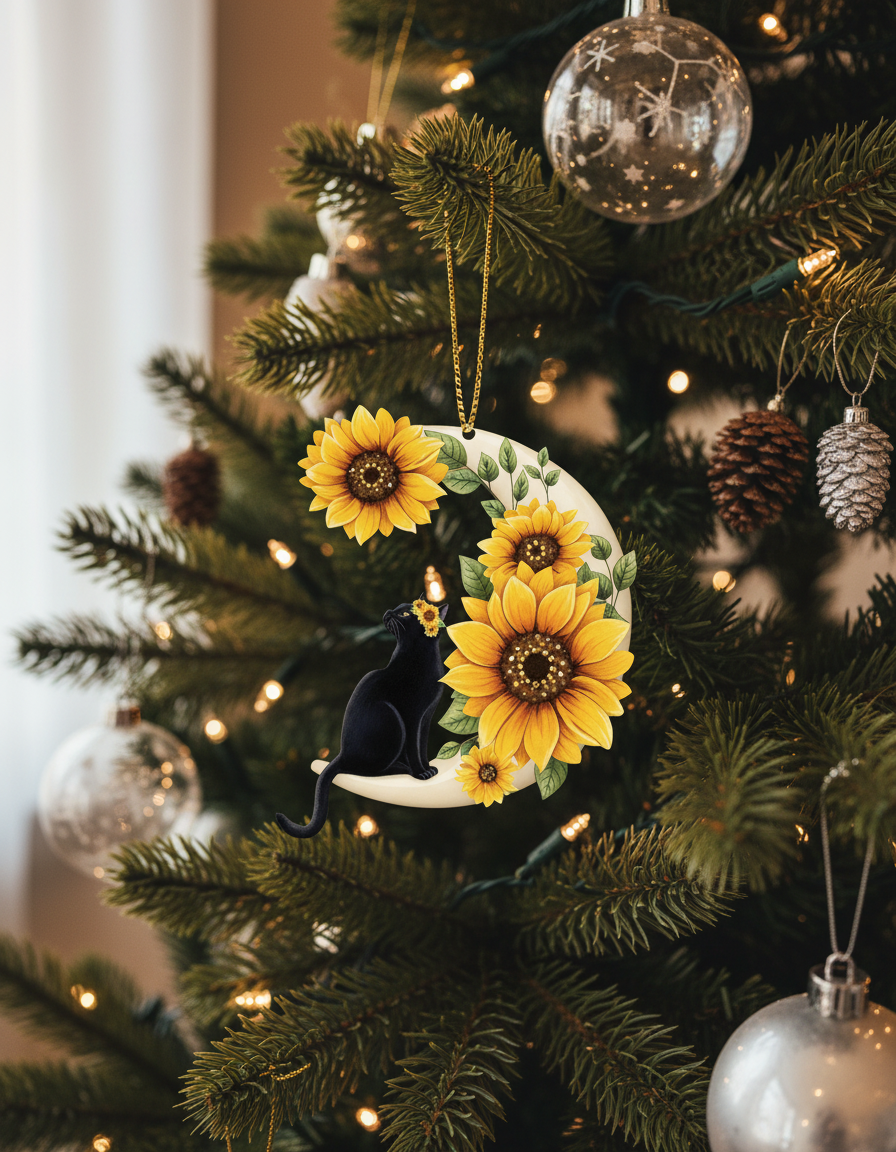 [2D FLAT ACRYLIC] Black Cat & Sunflower Christmas Ornament | Wooden Holiday Decor for Cat Lovers 2024