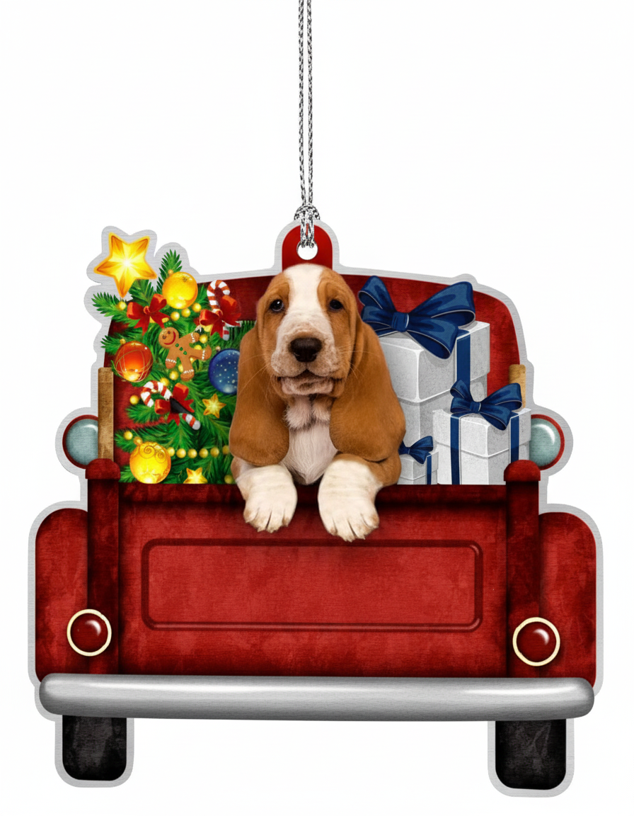 [2D FLAT ACRYLIC] Basset Hound Red Truck Christmas Ornament 2024 | Gift for Dog Lovers
