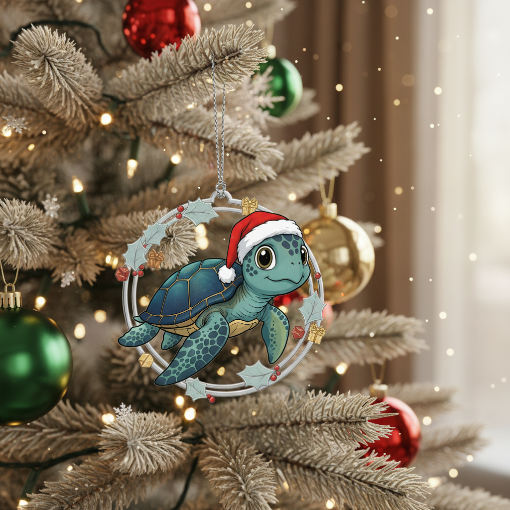 [2D FLAT ACRYLIC] Festive Sea Turtle Christmas Ornament – Holiday Decor & Ocean Lover Gift