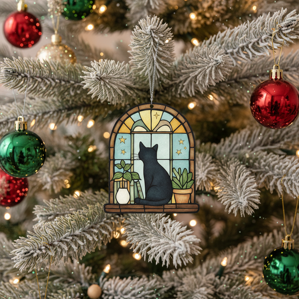 [2D FLAT ACRYLIC] Black Cat Ghost Reading Suncatcher – Unique Book & Cat Lover Gift Ornament