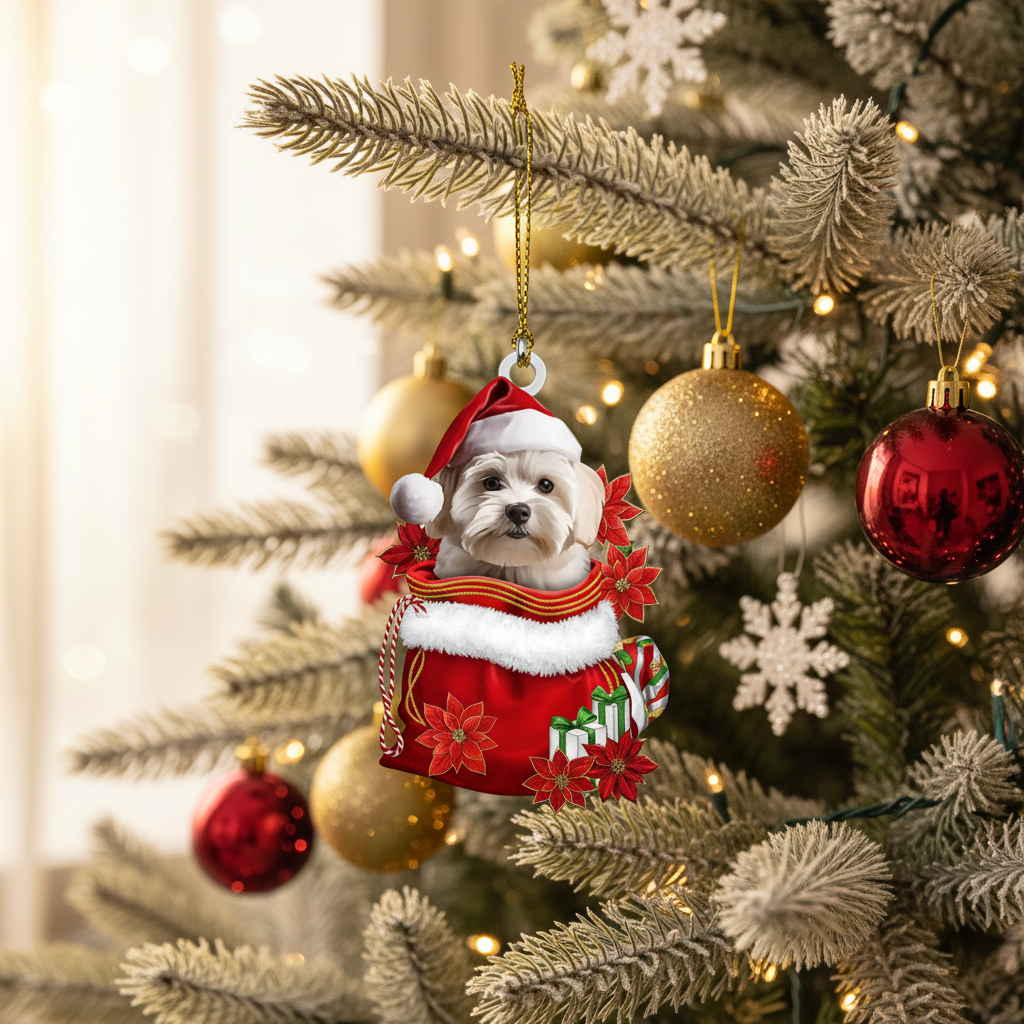 [2D FLAT ACRYLIC] Adorable Maltese Christmas Ornament – Festive Dog in Santa Bag Keepsake Gift