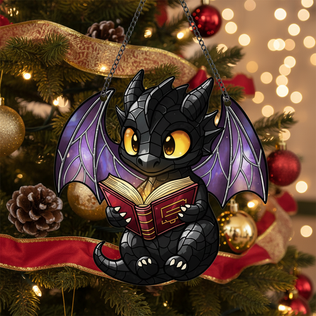 [2D FLAT ACRYLIC] Fantasy Dragon Reading Suncatcher Ornament – Unique Bookish Home Decor Gift