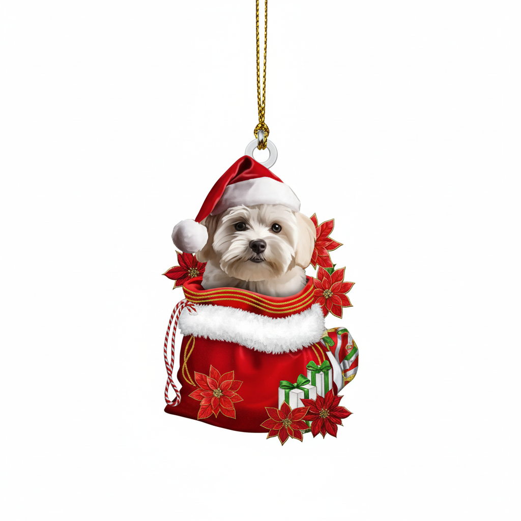 [2D FLAT ACRYLIC] Adorable Maltese Christmas Ornament – Festive Dog in Santa Bag Keepsake Gift