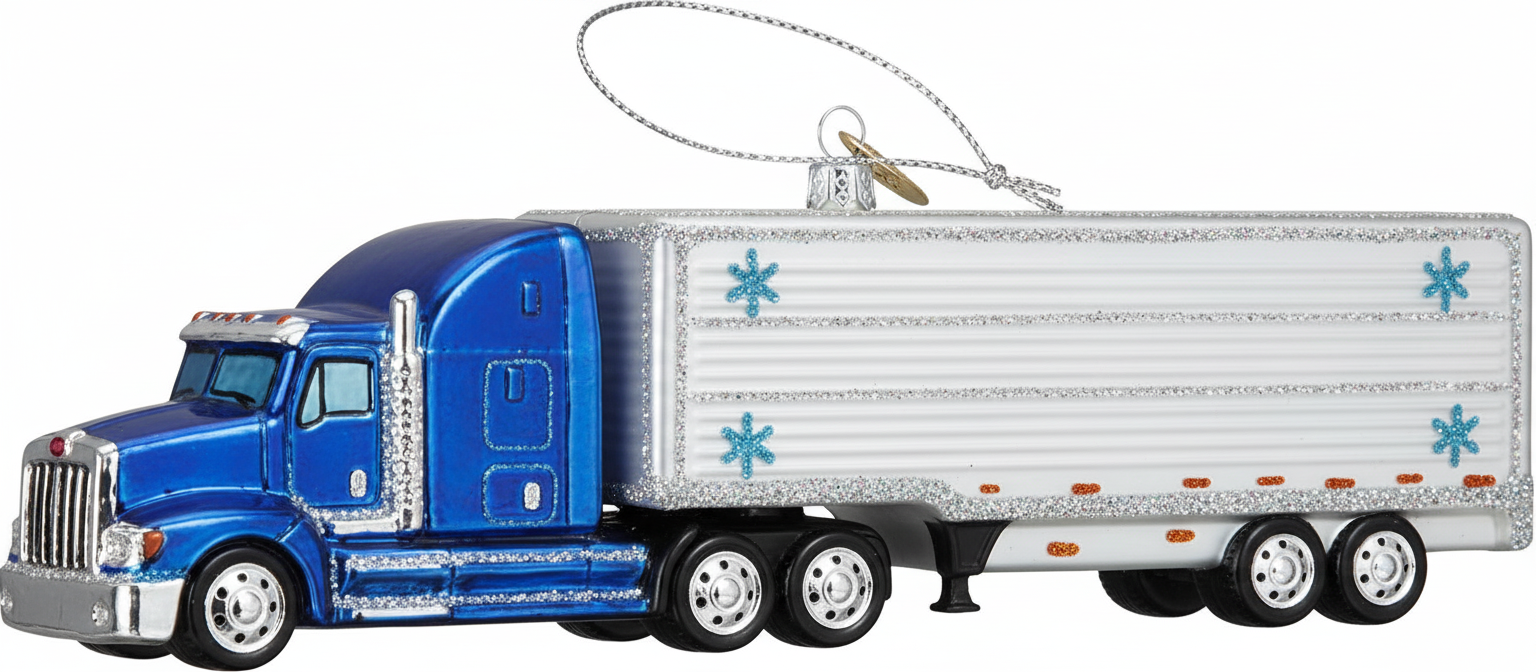 [2D FLAT ACRYLIC] Glass Blown Semi Truck Christmas Ornament | Old World Christmas Trucker Gift
