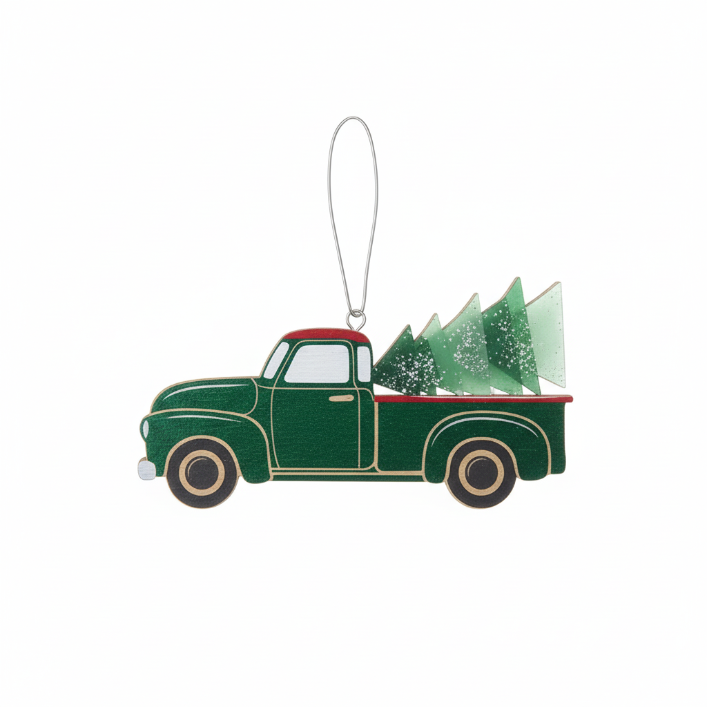[2D FLAT ACRYLIC] Wooden Red Truck Christmas Ornament | Rustic Holiday Decor & Trucker Gift