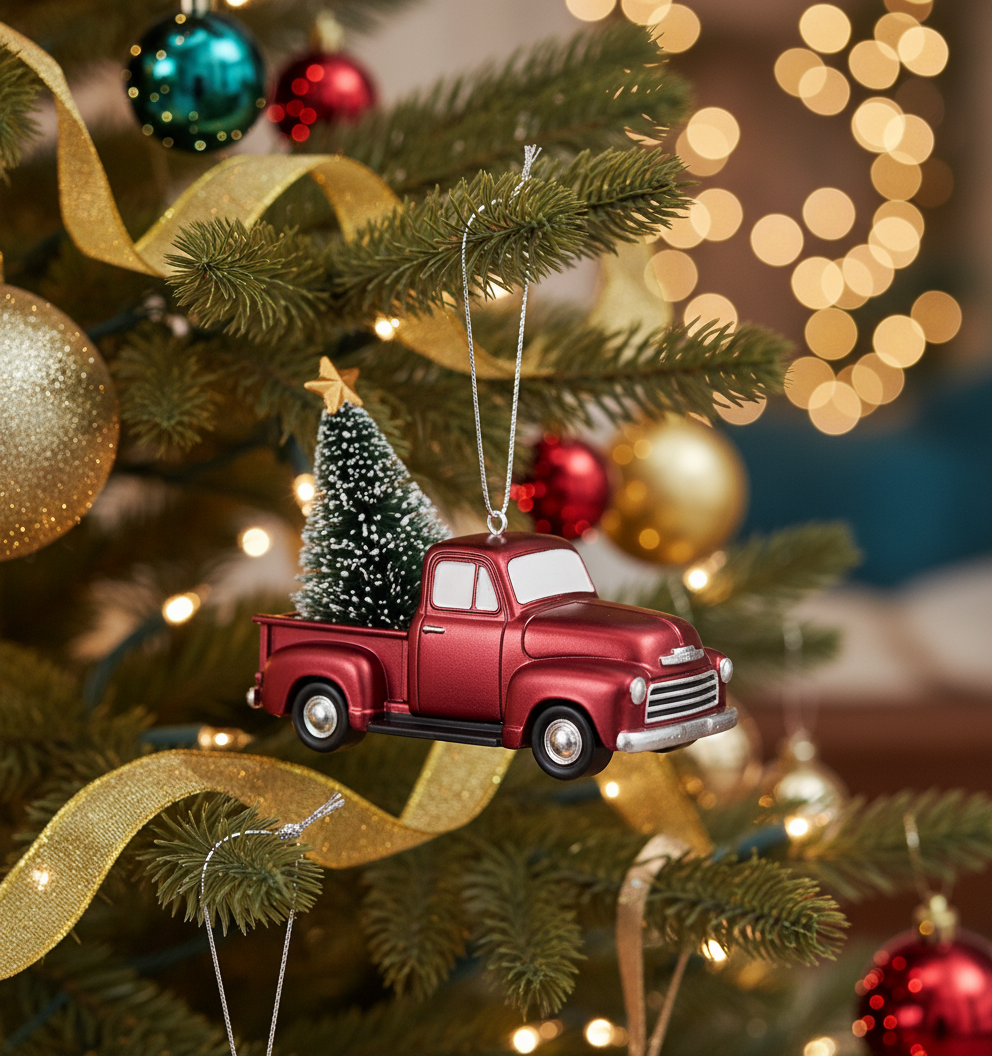 [2D FLAT ACRYLIC] Vintage Car & Red Truck Christmas Ornament | Classic Holiday Decor