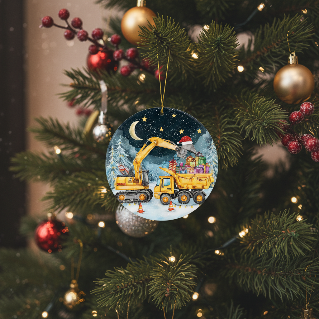 [2D FLAT ACRYLIC] Personalized Excavator Christmas Ornament – Dump Truck & Digger Design | Kids Construction-Themed Holiday Keepsake for Boys