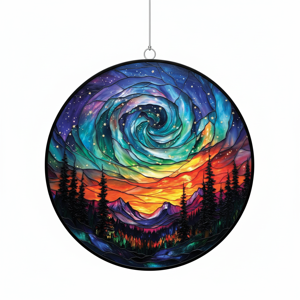 [2D FLAT ACRYLIC] Northern Lights Aurora Suncatcher – Handcrafted Acrylic Forest Window Decor