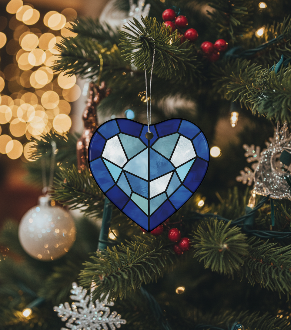 [2D FLAT ACRYLIC] Blue Heart Ceramic Ornament with Faux Stained Glass Style – Holiday Decor Gift