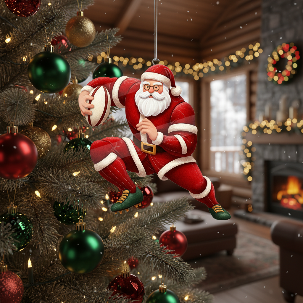 [2D FLAT ACRYLIC] Santa Rugby Christmas Ornament – Funny Holiday Gift for Sport Lovers