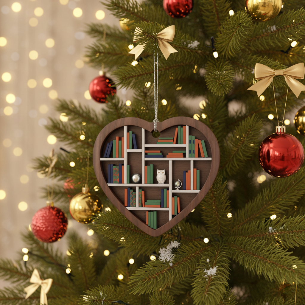 [2D FLAT ACRYLIC] Heart-Shaped Bookshelf Ornament – Unique Christmas Gift for Book Lovers