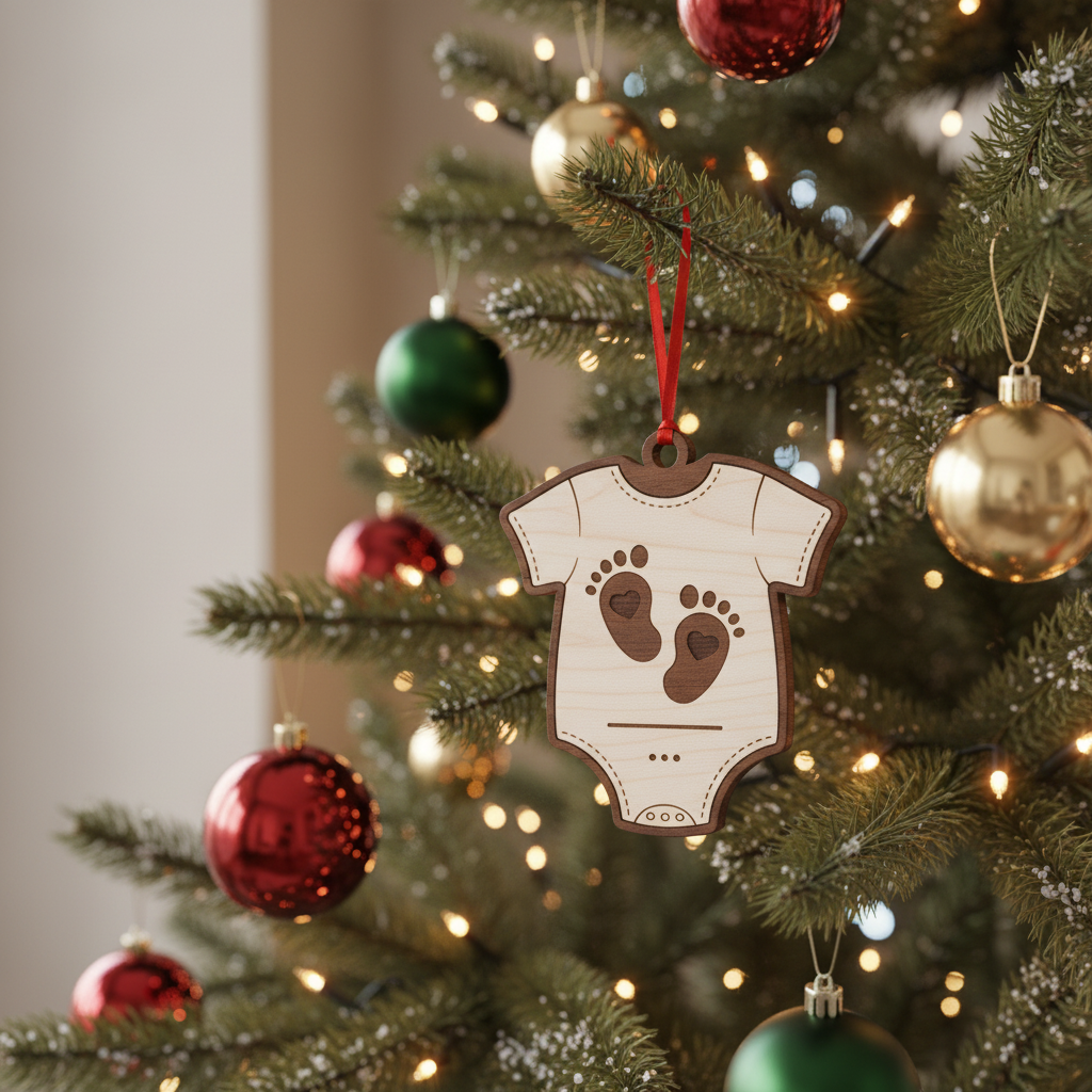[2D FLAT ACRYLIC] Baby's First Christmas Onesie Ornament - Engraved Wood Footprints Keepsake