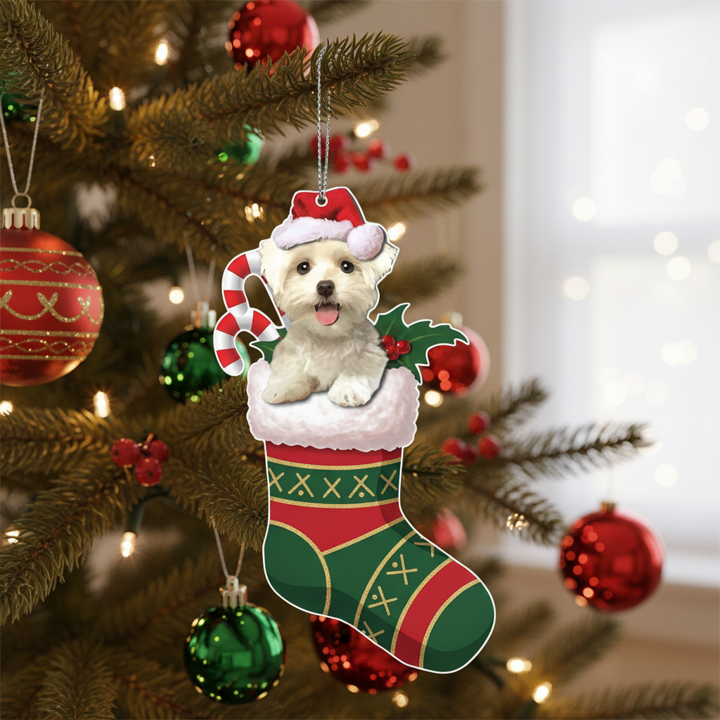 [2D FLAT ACRYLIC] Bichon Frise Christmas Ornament | Festive Dog in Stocking Holiday Decor & Pet Lover Gift