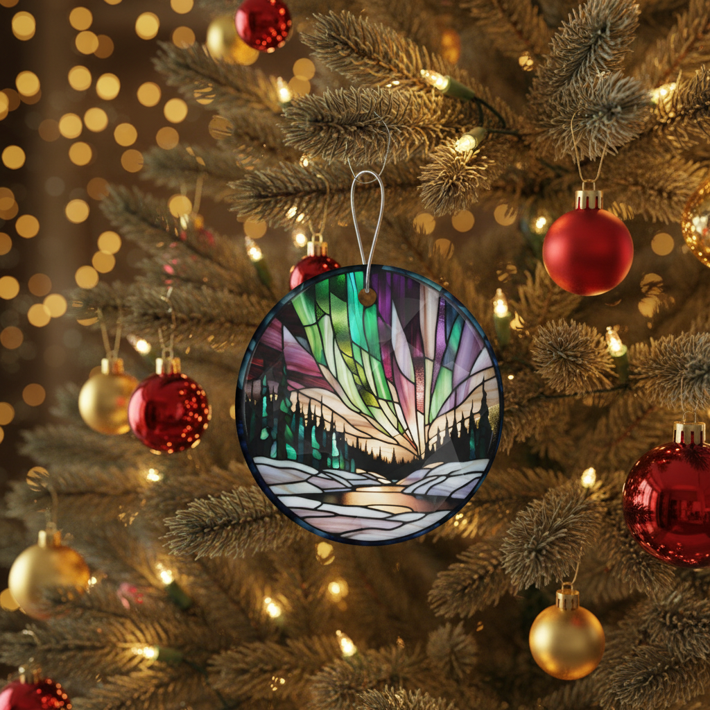 [2D FLAT ACRYLIC] Aurora Borealis Ornament – Faux Stained Glass Night Sky Christmas Decor