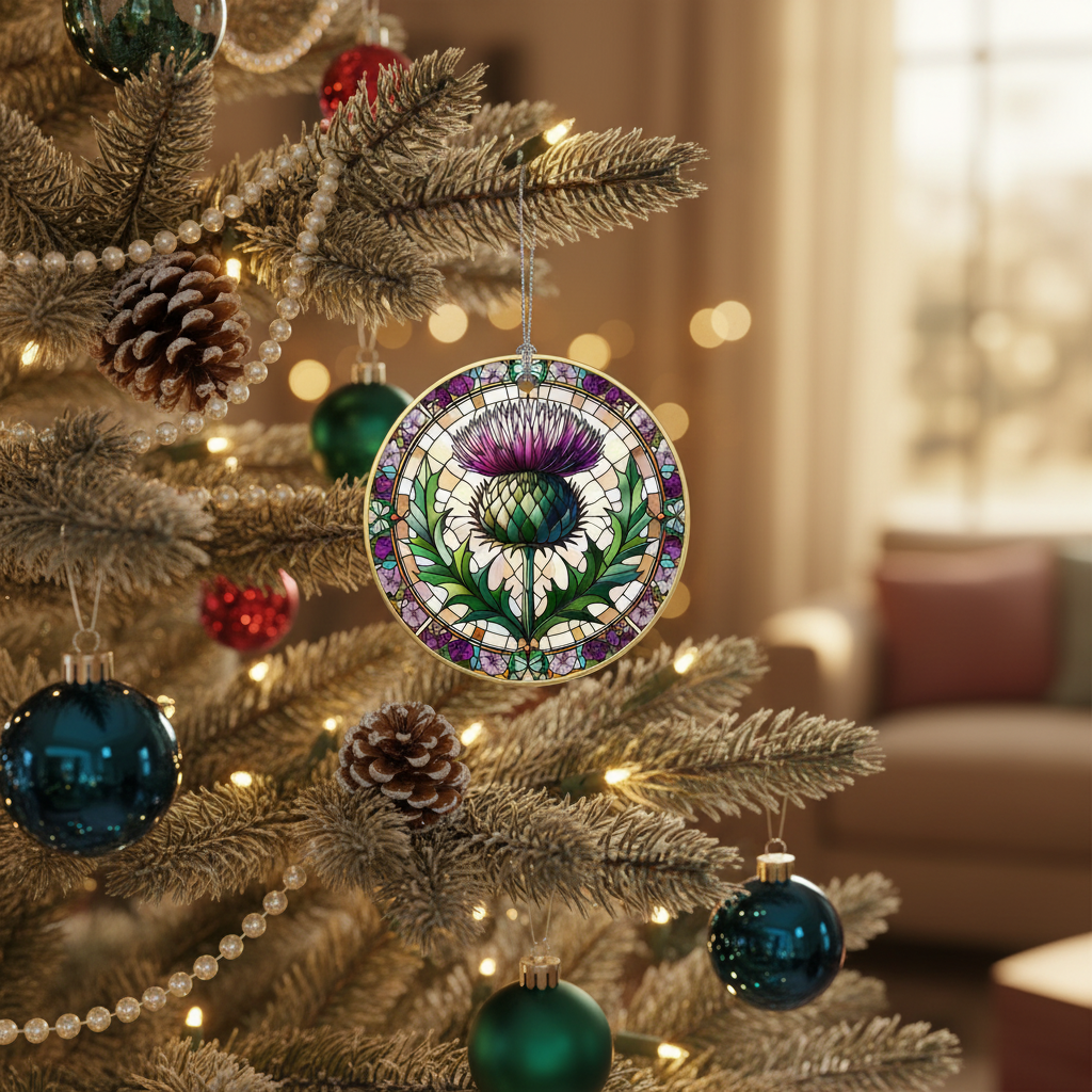 [2D FLAT ACRYLIC] Scottish Thistle Ornament – Ceramic Keepsake with Faux Stained Glass Effect