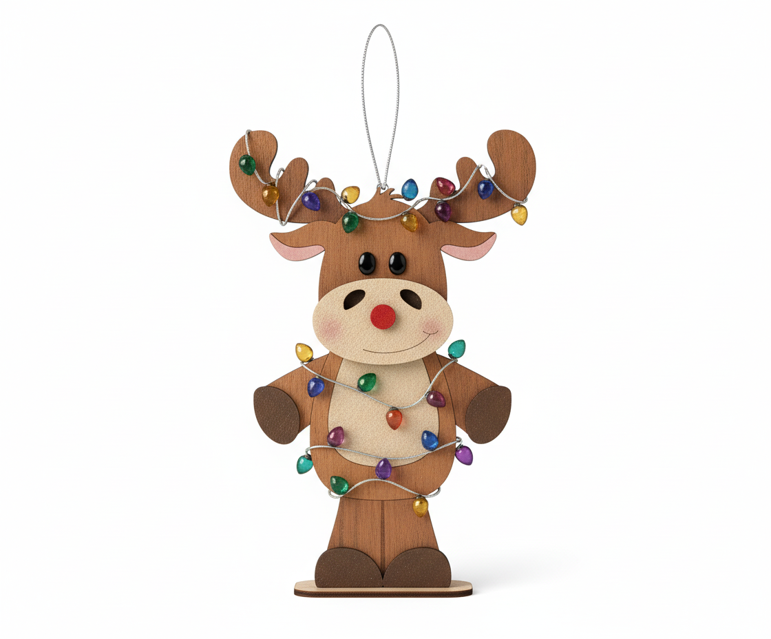 [2D FLAT ACRYLIC] Cute Reindeer Christmas Ornament | 2D Wood Ornament with String Lights | Holiday Tree Decoration