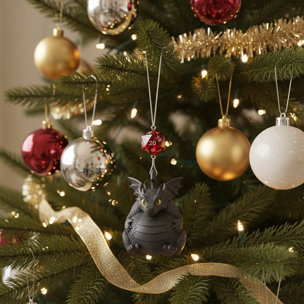 [2D FLAT ACRYLIC] Chonky Dragon D20 Christmas Ornament – Unique D&D and RPG Holiday Gift