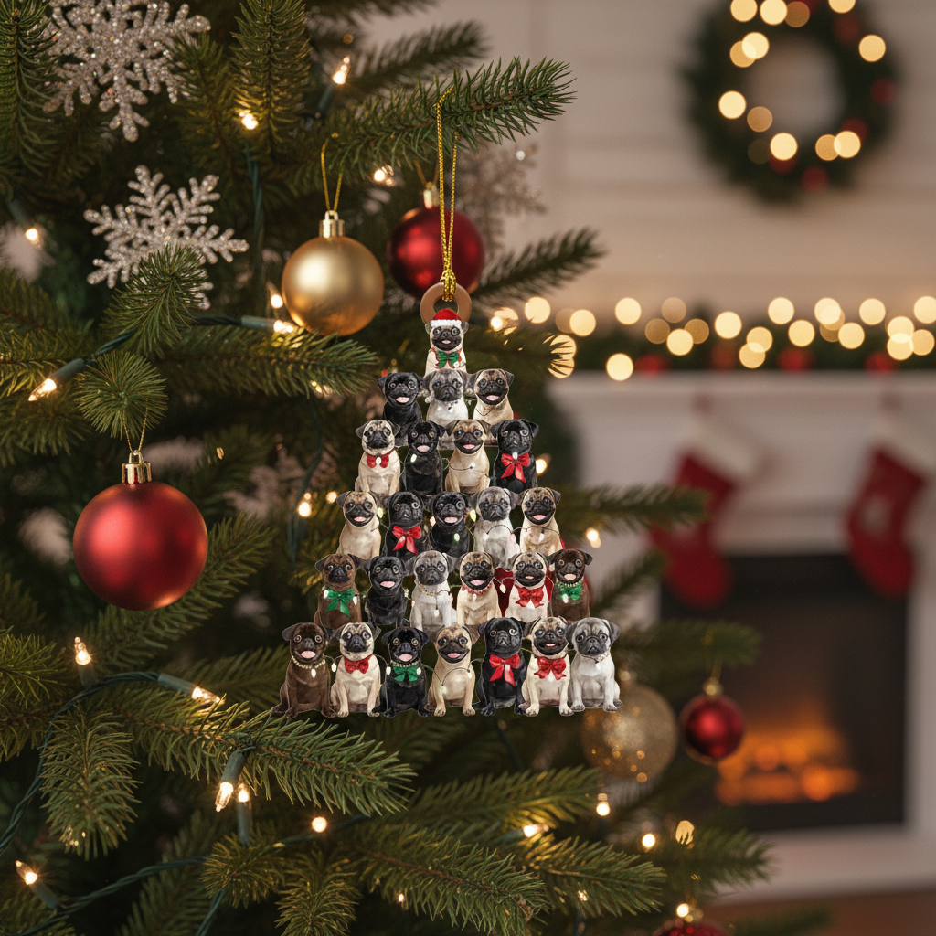 [2D FLAT ACRYLIC] Adorable Pug Pine Tree Christmas Ornament – Gift for Pug Lovers