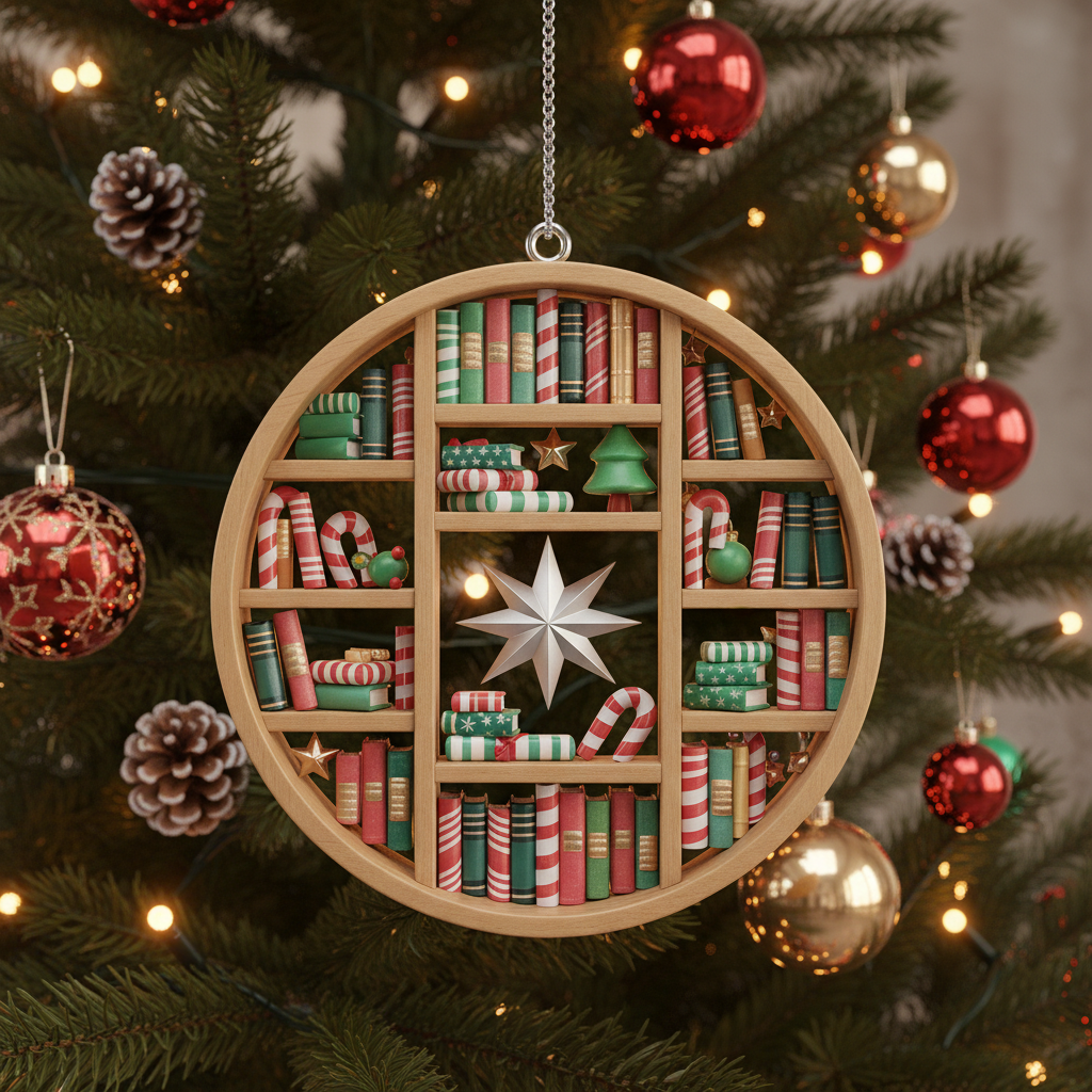[2D FLAT ACRYLIC] Book Lover Christmas Ornament – Ceramic Bookshelf Decoration for Readers & Librarians