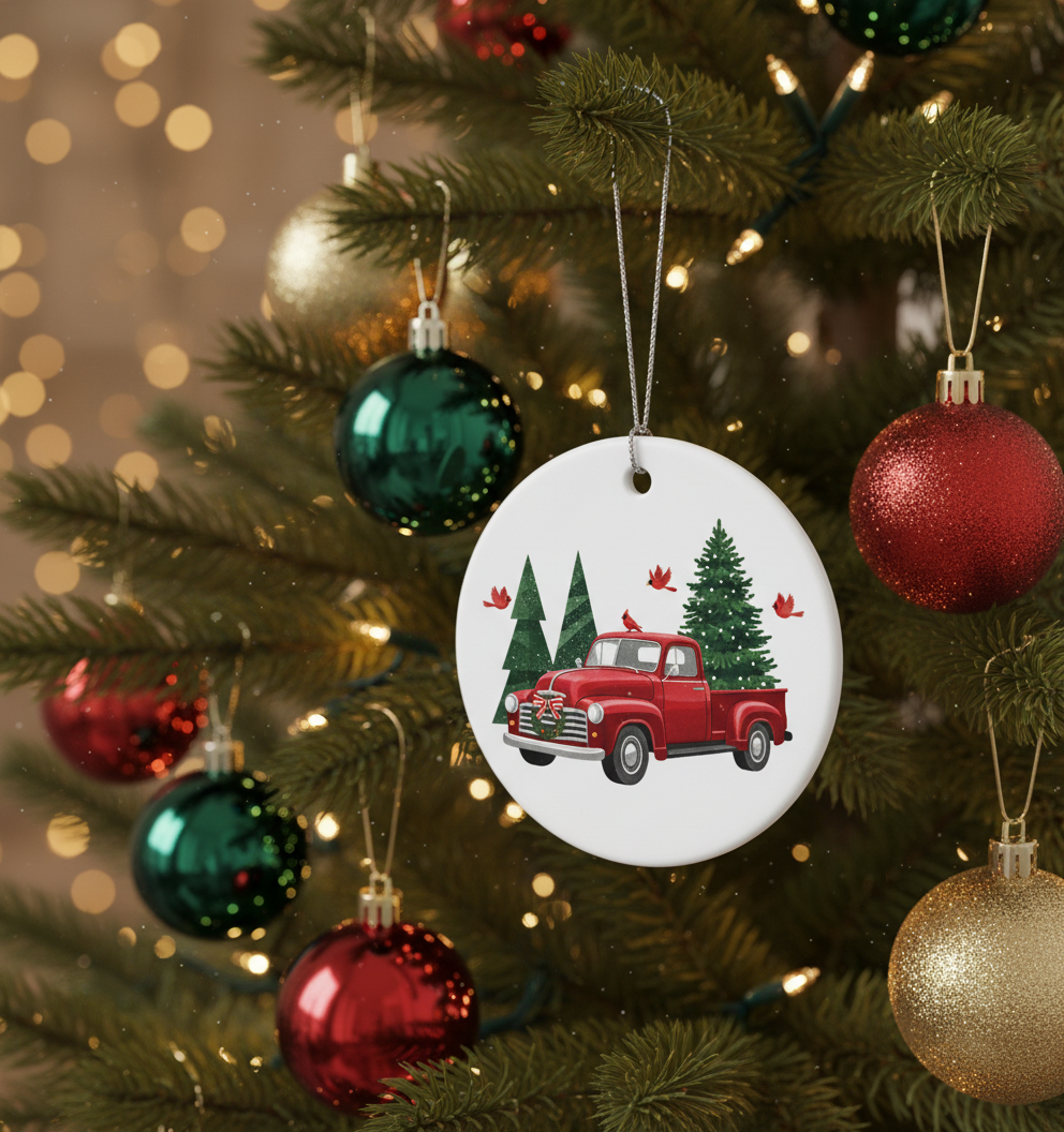 [2D FLAT ACRYLIC] Red Truck Christmas Ornament 2024 | Ceramic Farmhouse Holiday Decor Gift