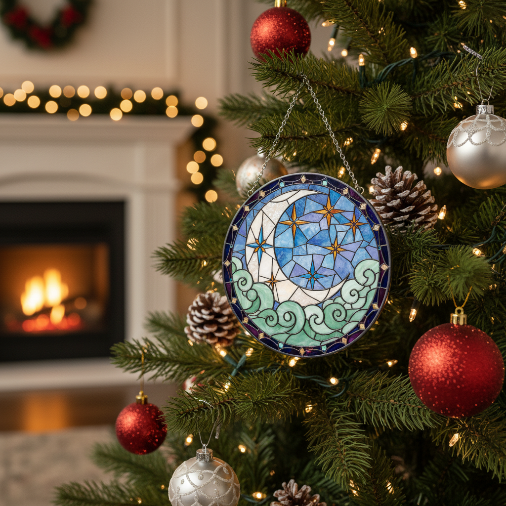 [2D FLAT ACRYLIC] Celestial Moon and Star Suncatcher – Handmade Stained Glass Window Decor