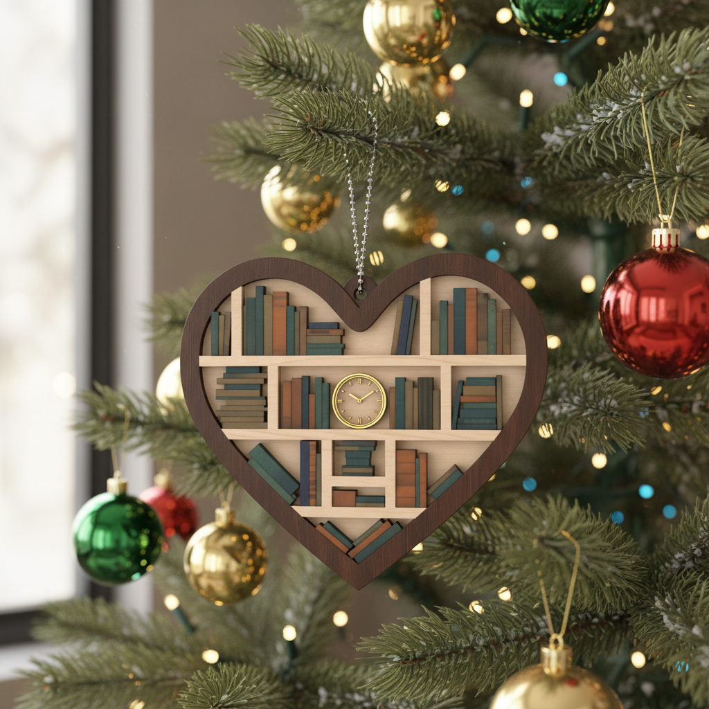 [2D FLAT ACRYLIC] Book Lovers Christmas Ornament – Bookshelf Heart Keepsake Gift