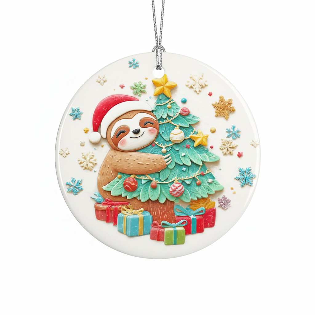 [2D FLAT ACRYLIC] Adorable Sloth Christmas Ornament | Round Ceramic Keepsake | Sloth Lover Gift