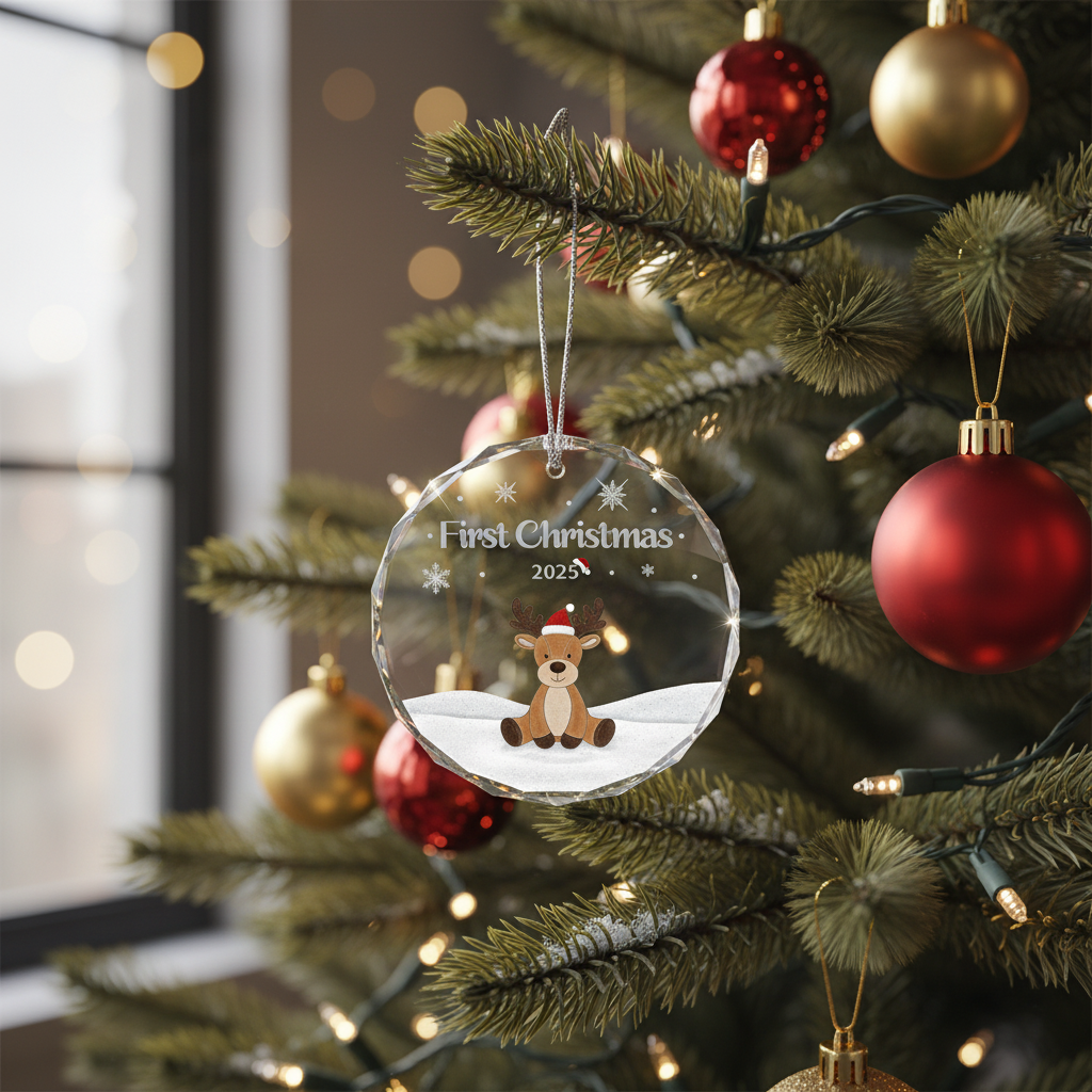 [2D FLAT ACRYLIC] Baby's First Christmas Ornament 2025 | Crystal Glass Keepsake Gift for Newborn Boy or Girl