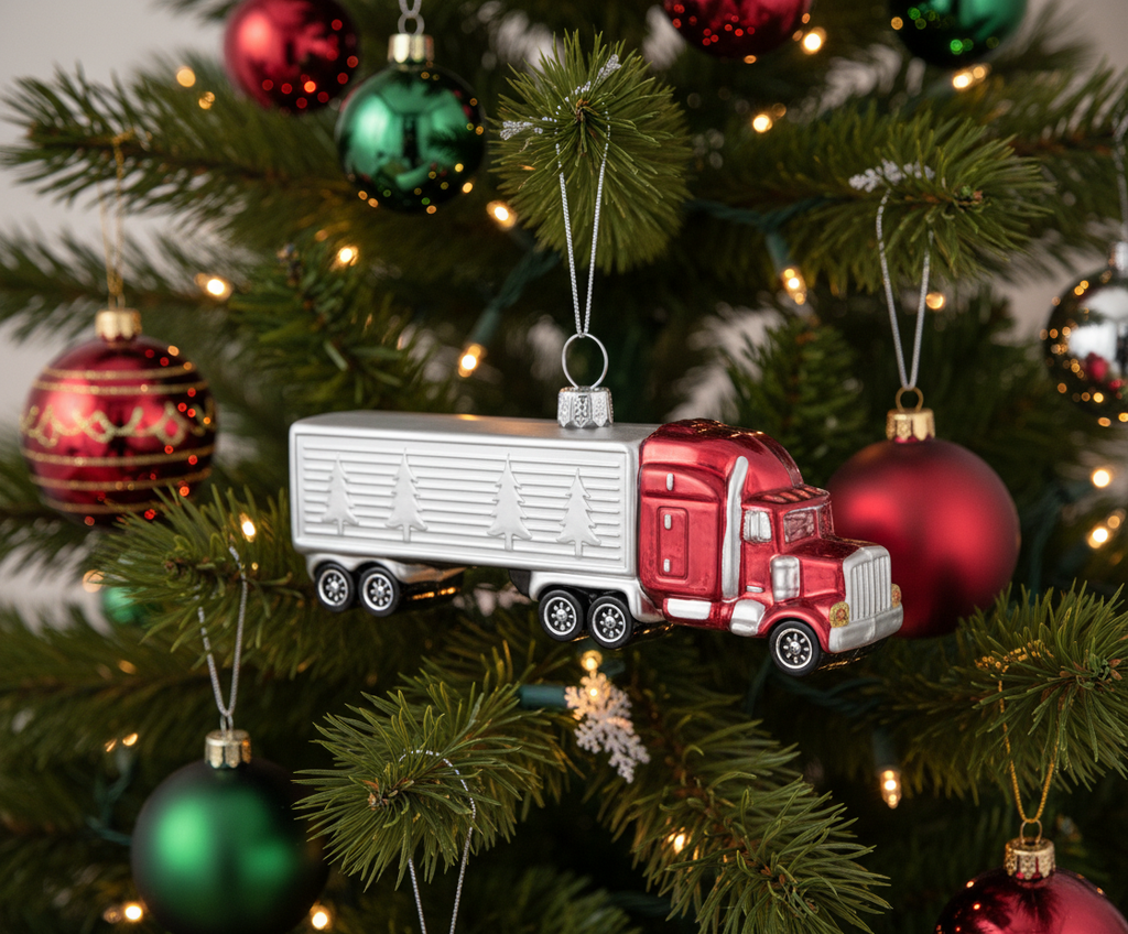 [2D FLAT ACRYLIC] Glass Tractor Trailer Christmas Ornament | Perfect Trucker Gift & Holiday Decor
