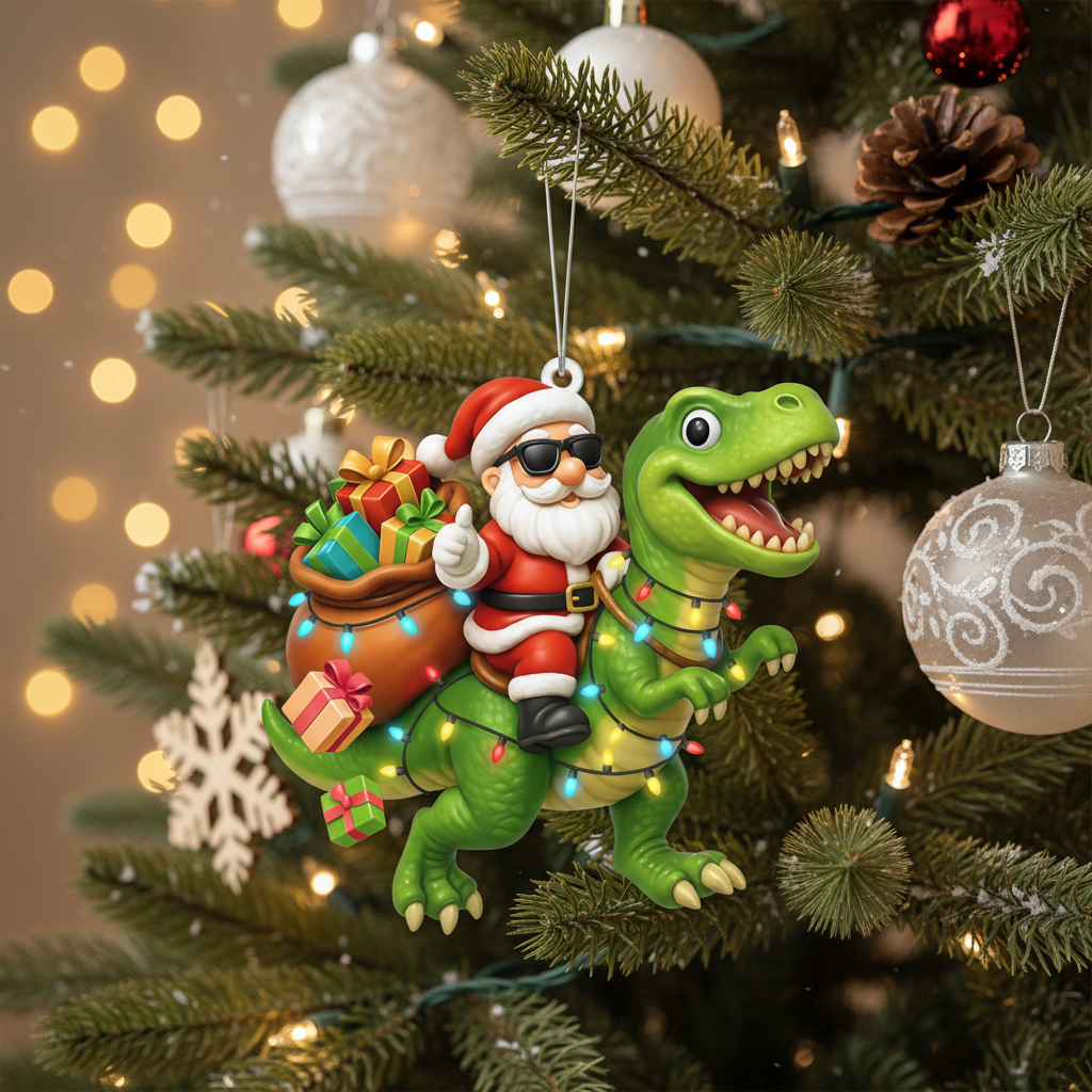 [2D FLAT ACRYLIC] Funny Santa Riding Dinosaur Christmas Ornament – Novelty Holiday Gift 2025