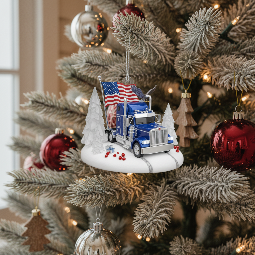 [2D FLAT ACRYLIC] Semi Truck Christmas Ornament with Lights | Truck Driver Gift | Holiday Decor