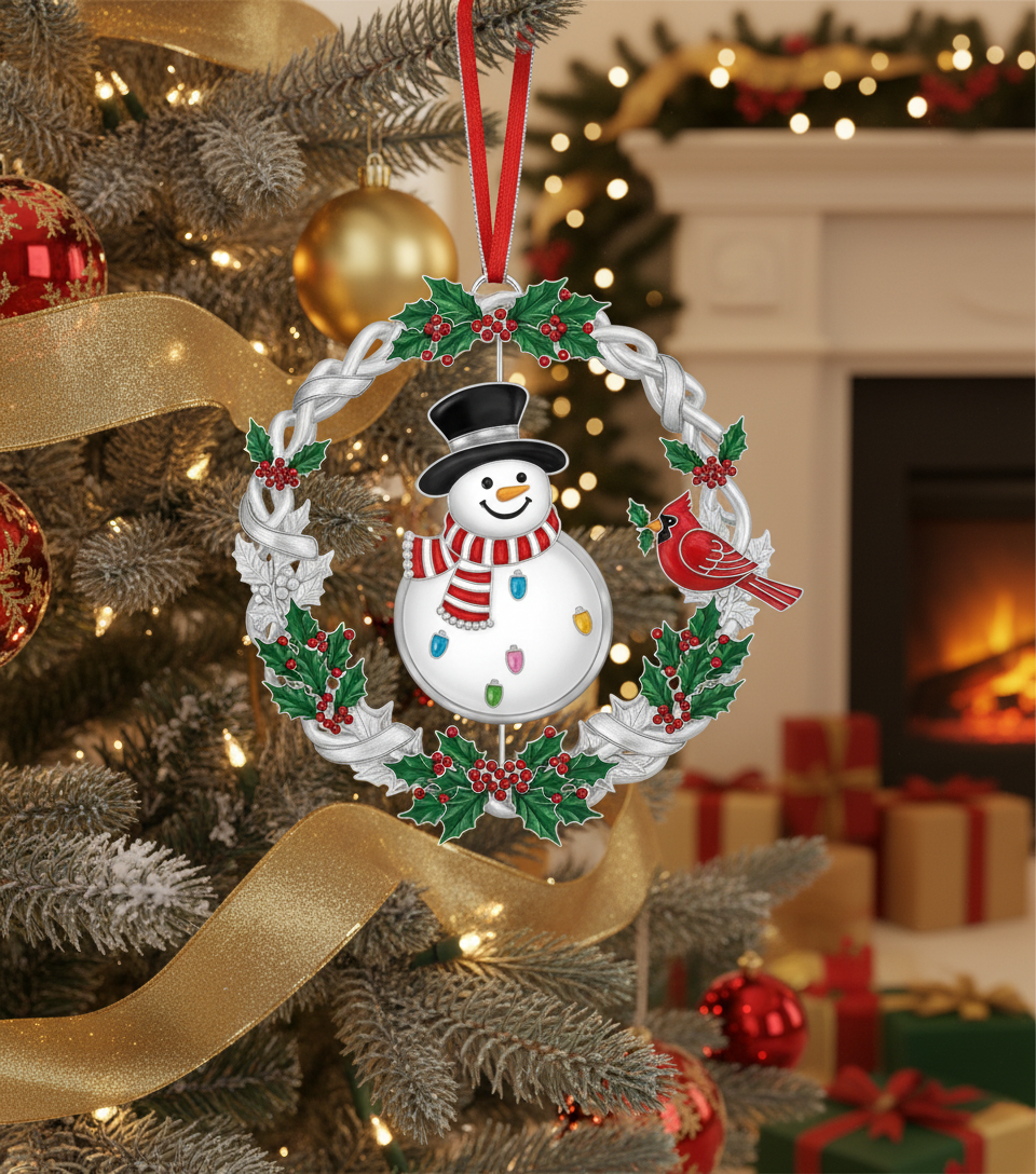 [2D FLAT ACRYLIC] 2025 Christmas Wreath Ornament with Spinning Snowman – Metal Holiday Keepsake