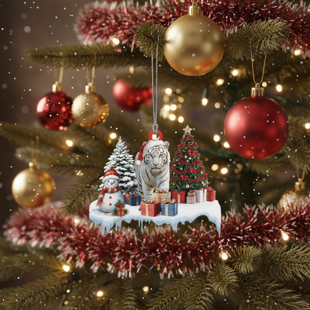 [2D FLAT ACRYLIC] Majestic White Tiger Christmas Ornament – Festive Wildlife Decor Gift