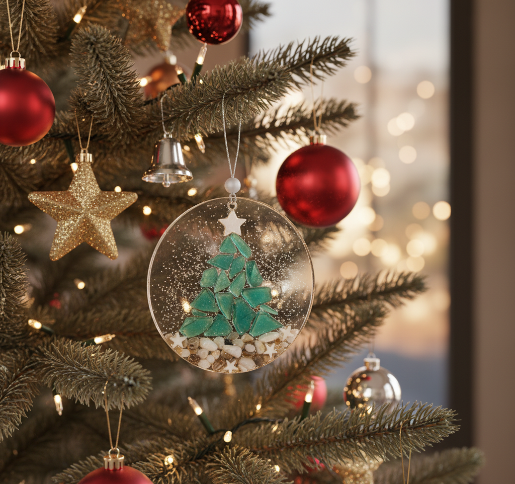 [2D FLAT ACRYLIC] Handmade Coastal Christmas Ornament – Beachy Resin Art with Real Starfish