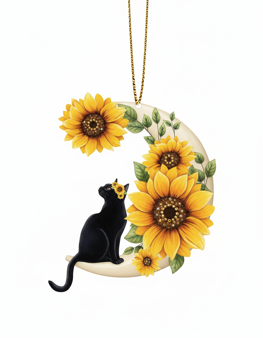 [2D FLAT ACRYLIC] Black Cat & Sunflower Christmas Ornament | Wooden Holiday Decor for Cat Lovers 2024