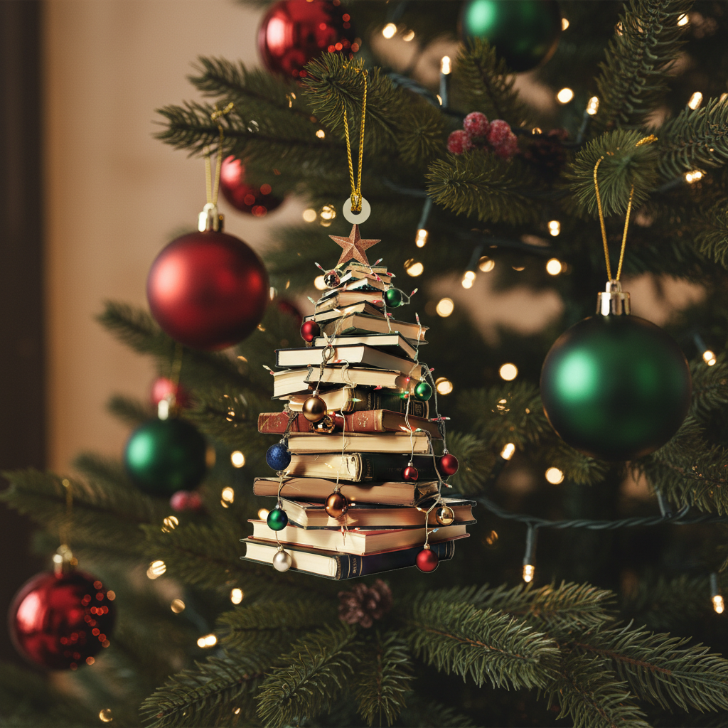 [2D FLAT ACRYLIC] Bookstack Christmas Ornament – Flat Acrylic Tree Decor Gift for Book Lovers