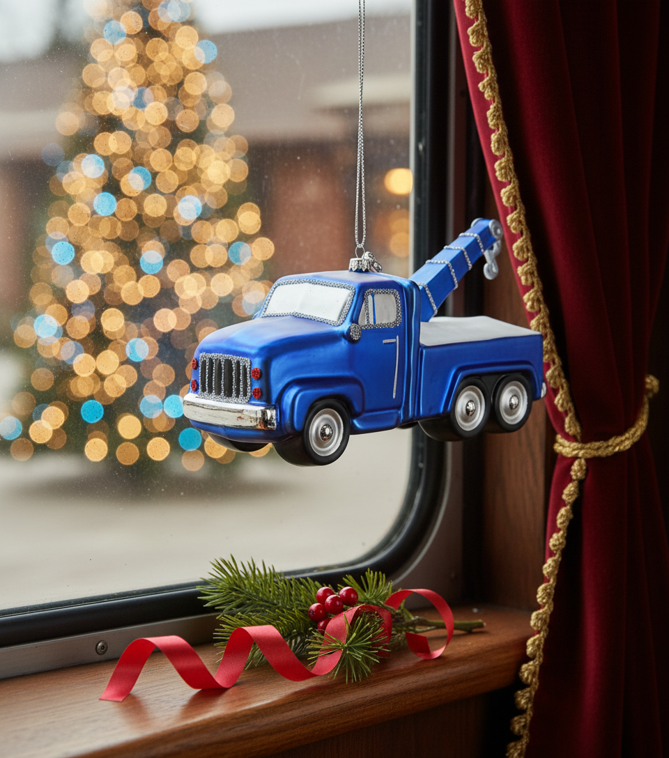 [2D FLAT ACRYLIC] Blown Glass Tow Truck Christmas Ornament | Unique Trucker Gift & Holiday Decor