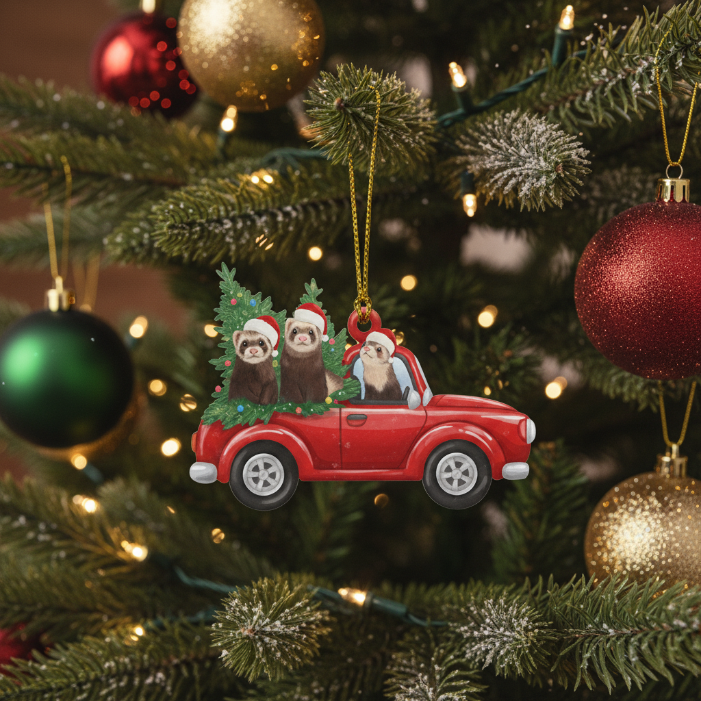 [2D FLAT ACRYLIC] Cute Ferret Red Truck Christmas Ornament – Holiday Decor & Pet Lover Gift