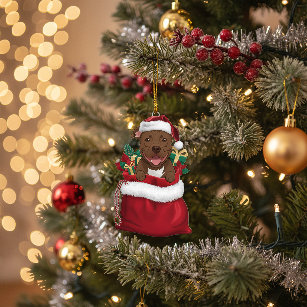 [2D FLAT ACRYLIC] Adorable Pit Bull Christmas Ornament | Dog in Santa Bag Hanging Keepsake | Gift for Pitbull Lovers