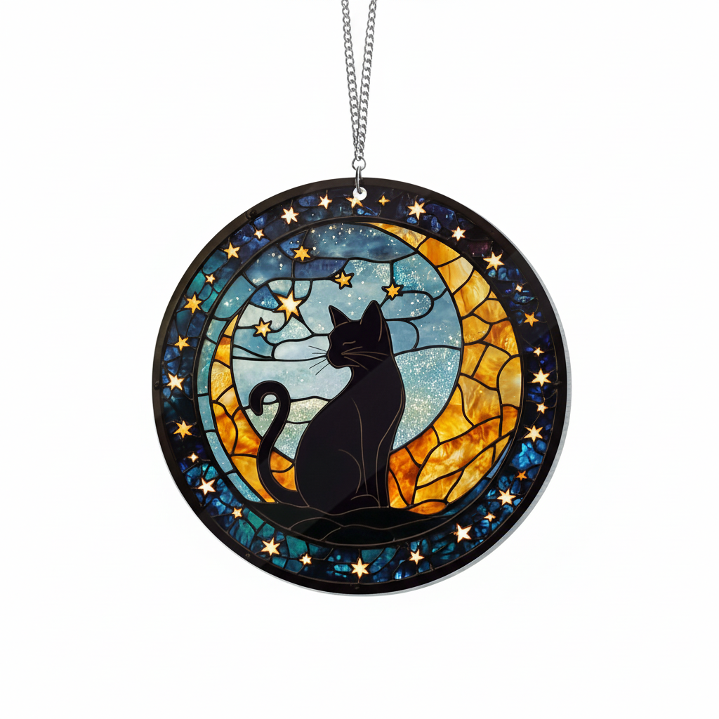 [2D FLAT ACRYLIC] Mystical Black Cat on Moon Suncatcher – Acrylic Window Hanging Decor