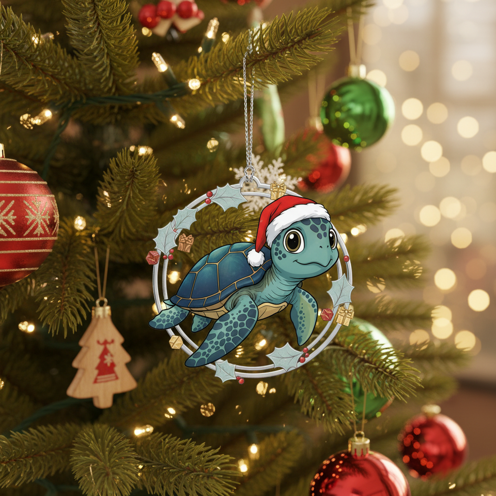 [2D FLAT ACRYLIC] Festive Sea Turtle Christmas Ornament – Holiday Decor & Ocean Lover Gift