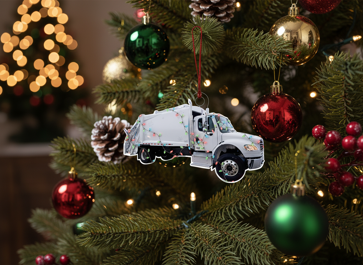 A white garbage truck Christmas ornament decorated with colorful holiday string lights, hanging by a red ribbon on a white background.