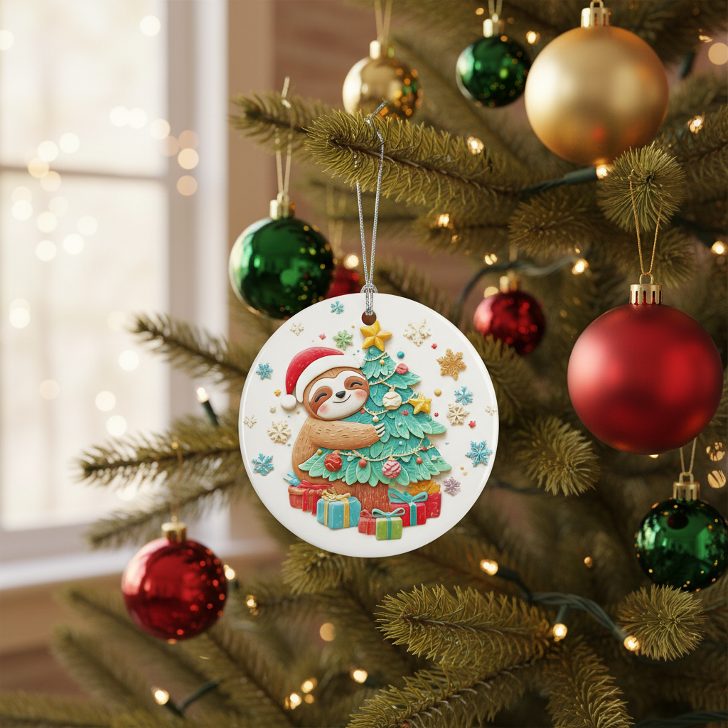 [2D FLAT ACRYLIC] Adorable Sloth Christmas Ornament | Round Ceramic Keepsake | Sloth Lover Gift