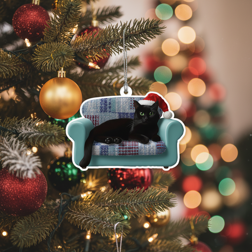 [2D FLAT ACRYLIC] Black Cat in Chair Christmas Ornament | Cute Holiday Gift for Cat Lovers
