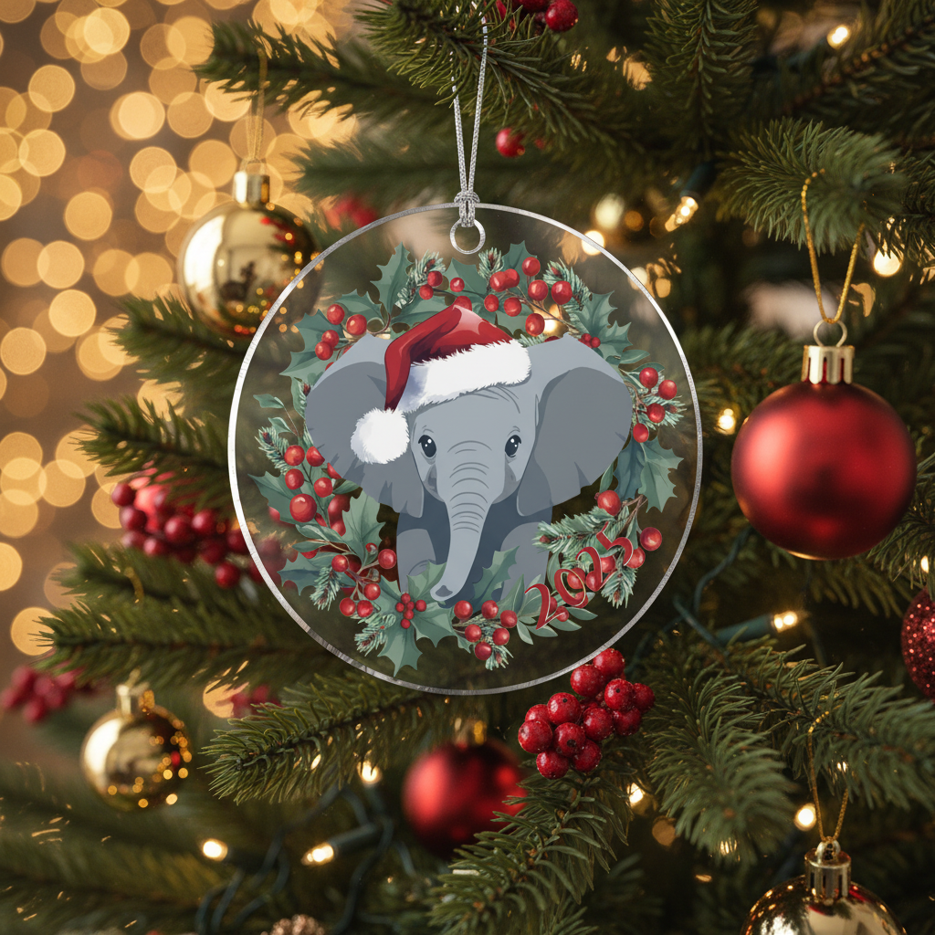 [2D FLAT ACRYLIC] Charming Elephant Christmas Ornament | Acrylic Holiday Decor & Gift for Animal Lovers