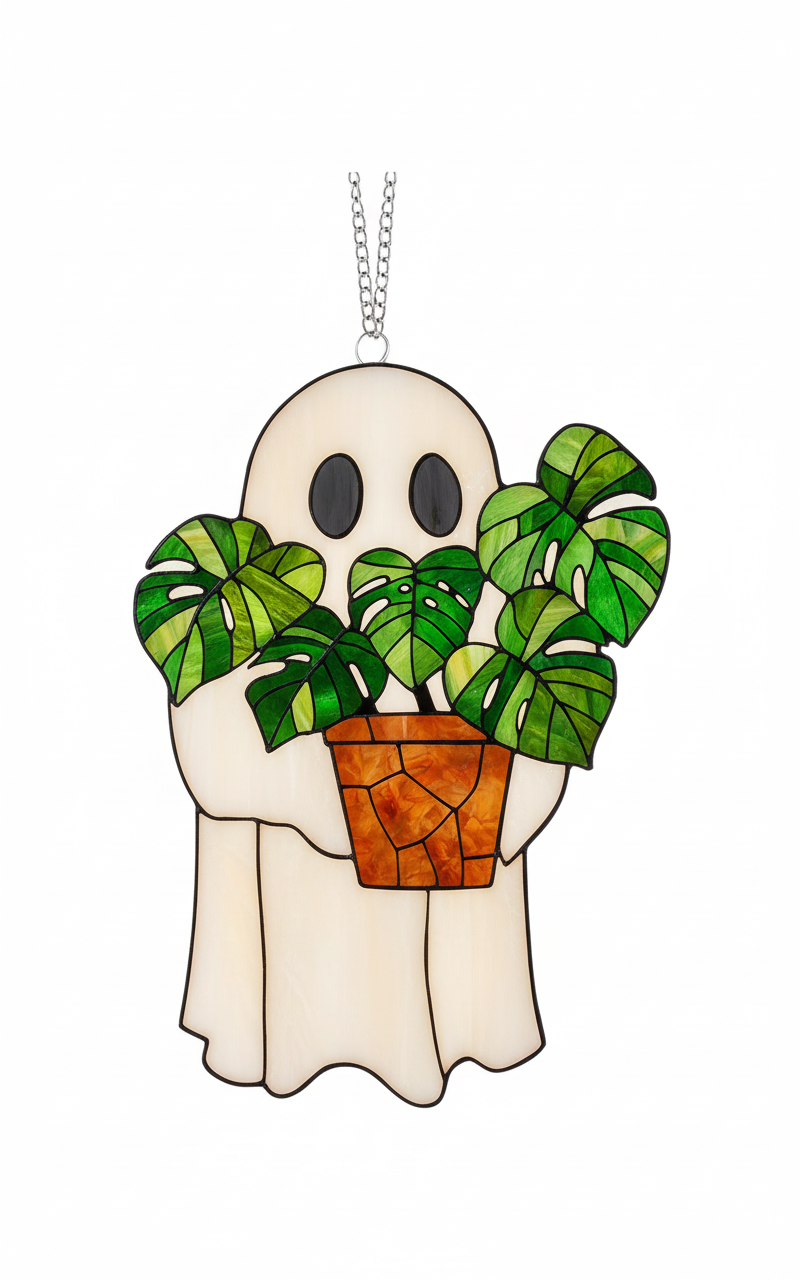 [2D FLAT ACRYLIC] Cute Ghost Plant Halloween Ornament – Faux Stained Glass Suncatcher for Gothic Decor