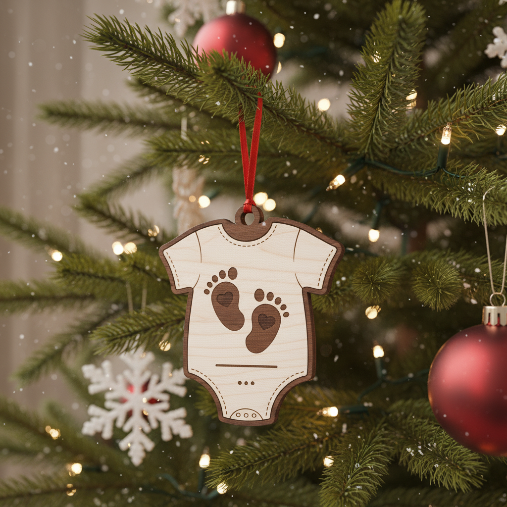 [2D FLAT ACRYLIC] Baby's First Christmas Onesie Ornament - Engraved Wood Footprints Keepsake