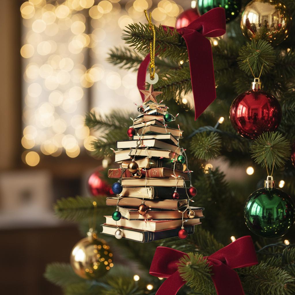 [2D FLAT ACRYLIC] Bookstack Christmas Ornament – Flat Acrylic Tree Decor Gift for Book Lovers